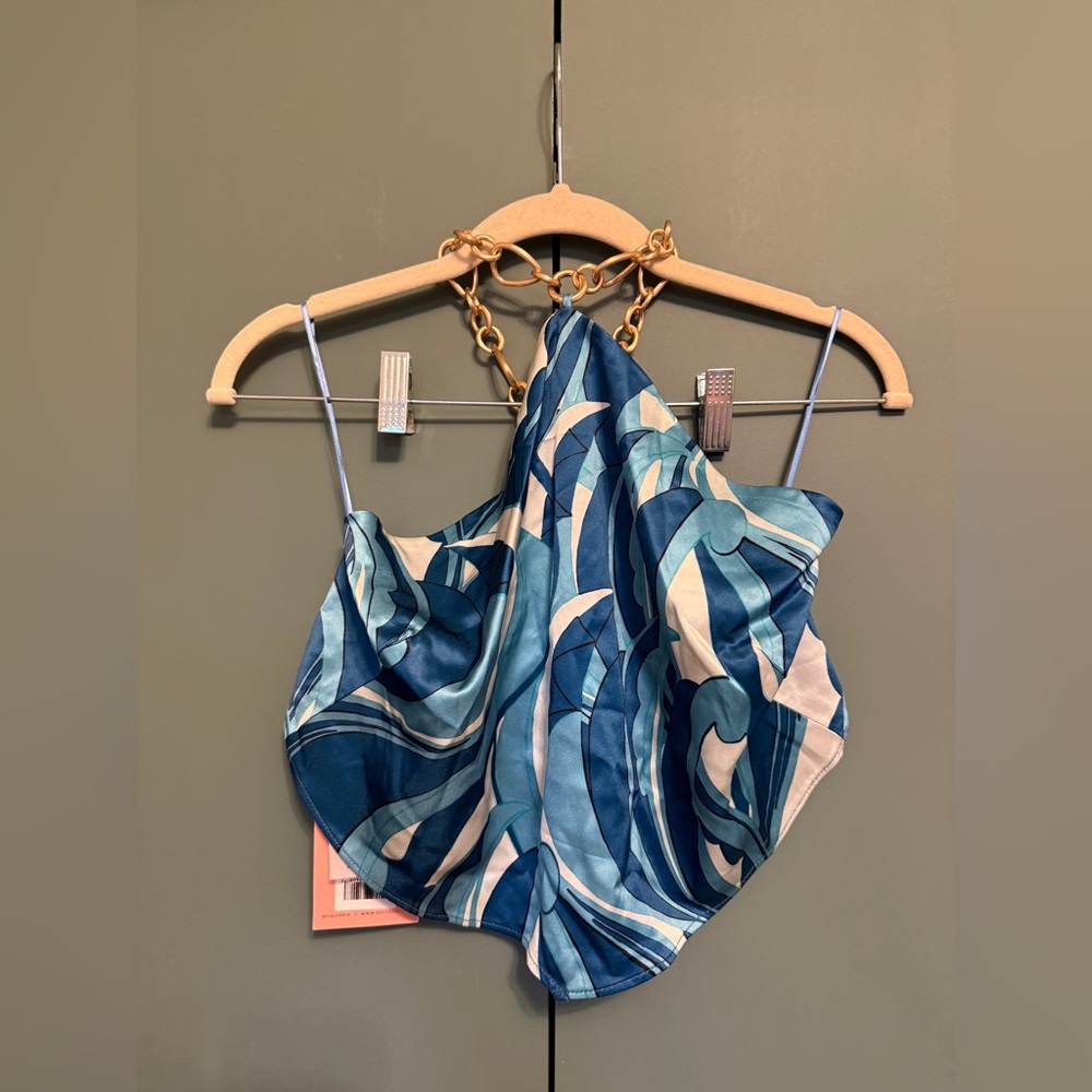 NWT Cult Gaia Olivine Backless Gold Chain Detail Halter Crop Top Paisley Blue M - Picture 5 of 9